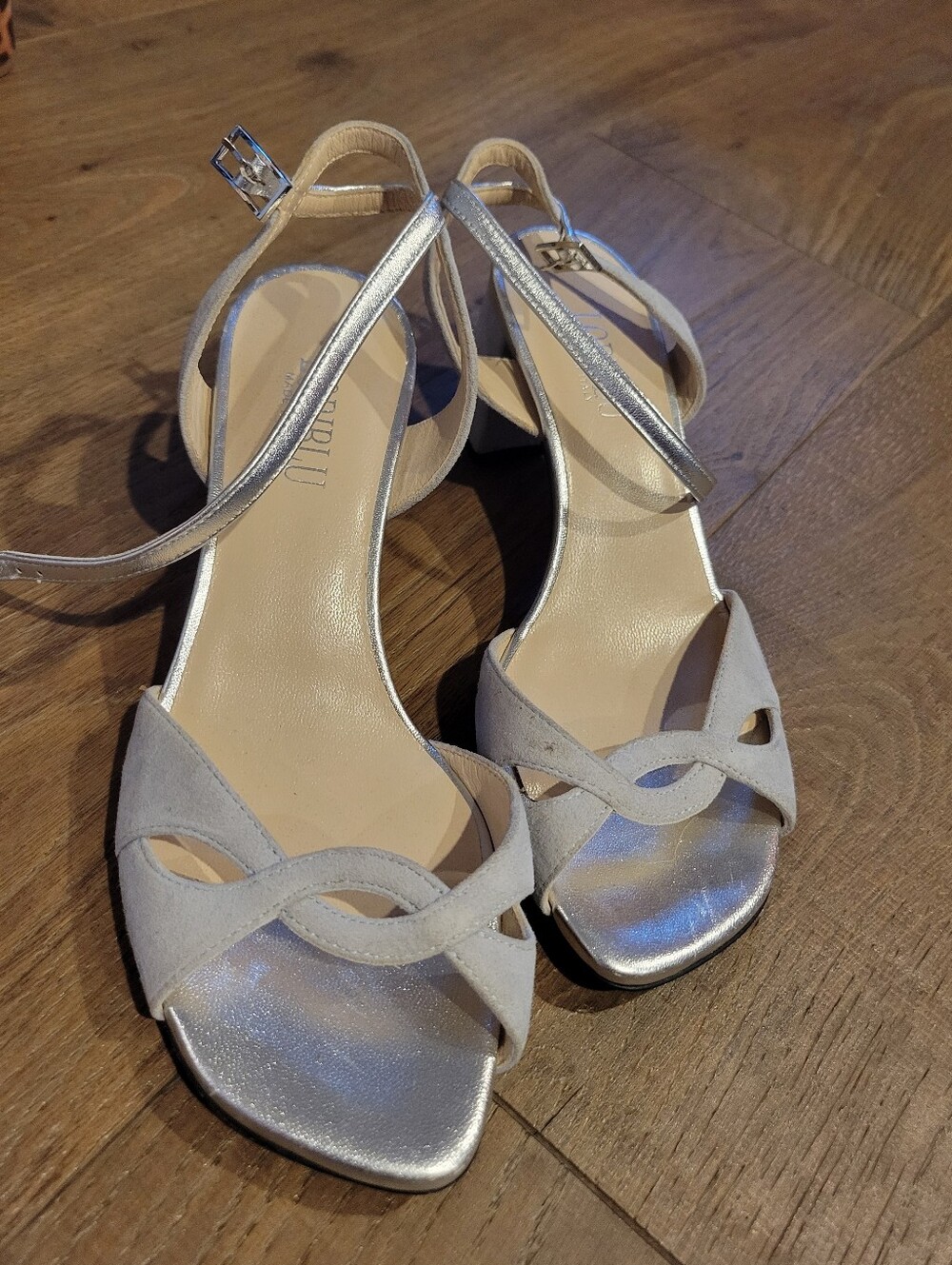 Women's Loriblu Low Block Heel Sandals in Pale Blue Suede Mettalic Accents